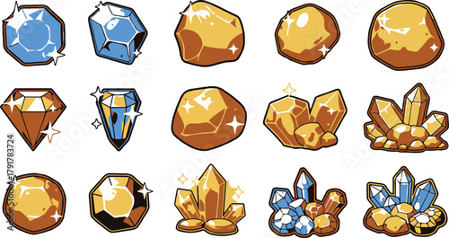 Assorted cartoon gems including gold, blue and green crystals