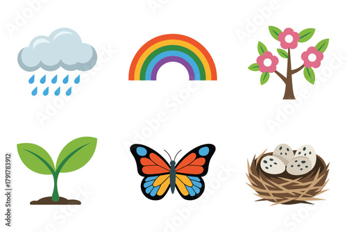 Flat color icons for environment, illustrating butterfly, rainbow, cloud, representing season of rain and life,