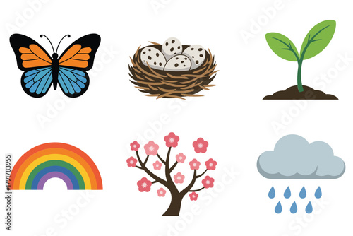 Detailed flat vector icons for nature ecology, showing butterfly, nest, tree, representing spring season and environment,