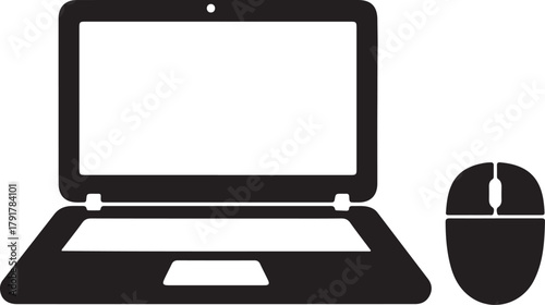Black Silhouette of Open Laptop and Computer Mouse