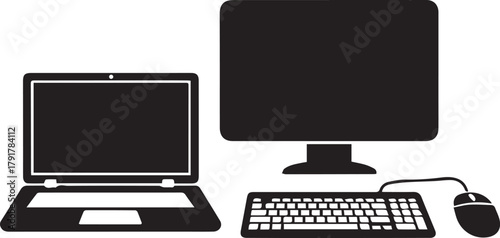 Black Silhouette of Laptop Computer Keyboard and Mouse
