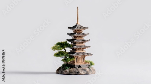 Traditional Wooden Japanese Pagoda Miniature on Gray Background
