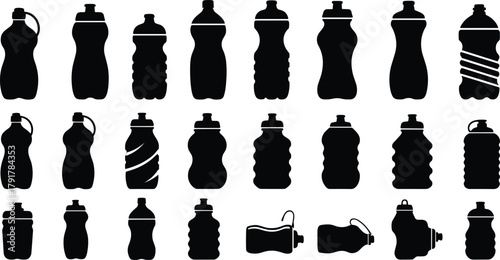 Collection of black silhouette sports water bottles, reusable plastic drink containers set, fitness hydration equipment icons, vector illustration for eco lifestyle design
