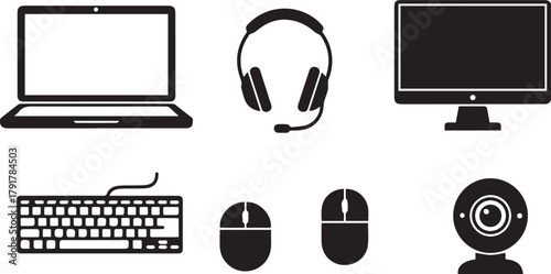 A 3D vector illustration set of computer technology equipment like laptop, desktop monitor, keyboard, and mouse for business and office work
