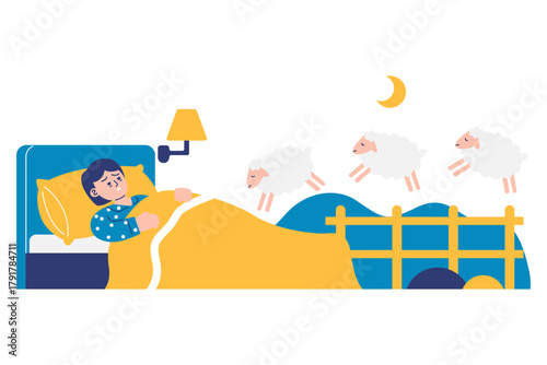 Sleepless person with insomnia in bed counting jumping sheep