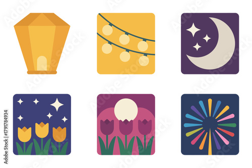 Flat vector icons for night celebration, featuring lanterns, moon, tulips, representing romantic evening and spring night,