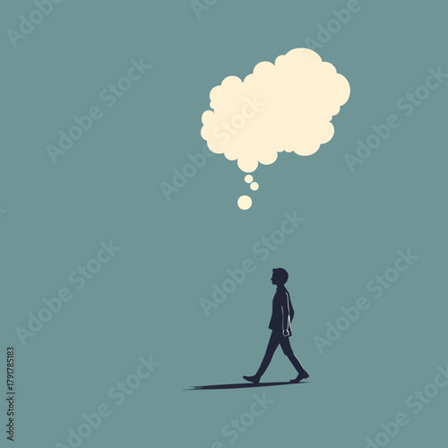 Simple figure walks toward an empty thought bubble   , vector style simple color