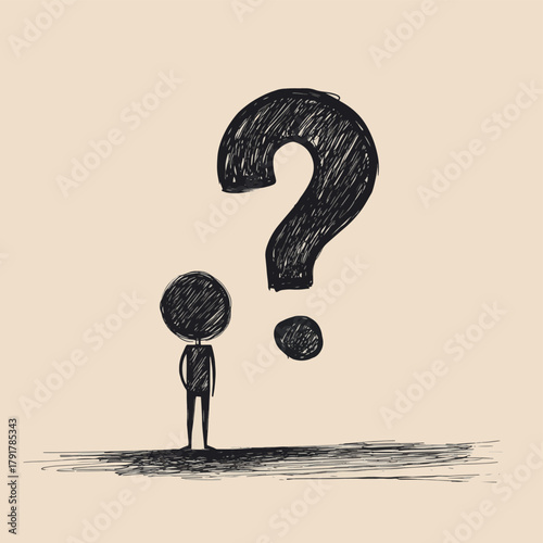 A Simple Stick Figure Drawing of a Person Pondering a Large Question Mark on a Light Beige Wall   , vector style simple color