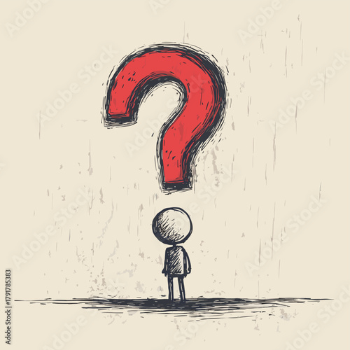 A Simple Stick Figure Drawing of a Person Pondering a Large Question Mark on a Light Beige Wall   , vector style simple color