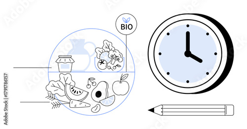 Fruits, vegetables, jar, clock, and pencil promoting organic living, time planning, balance. Ideal for sustainability, productivity wellness diet eco-friendly lifestyle organization simple flat