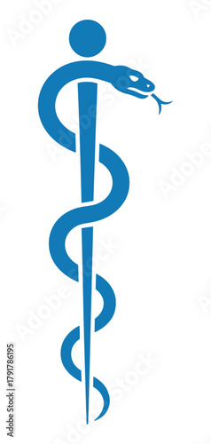 Medical symbol icon, staff of asclepius or caduceus, snake wrapped around wooden staff, rod of aesculapius, isolated on white background, healthcare and medicine vector illustration.
