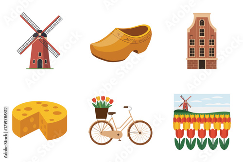 Flat color icons for Dutch culture, illustrating cheese, windmill, buildings, representing traditional landmarks and spring,