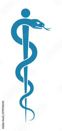 Medical symbol icon, staff of asclepius or caduceus, snake wrapped around wooden staff, rod of aesculapius, isolated on white background, healthcare and medicine vector illustration.