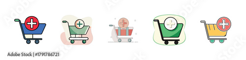 Set of shopping cart icons with a plus sign, representing adding items to cart, online shopping, and e-commerce