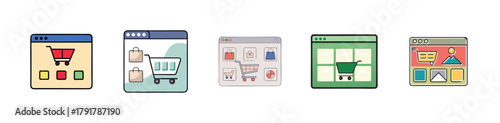 Set of web browser interfaces displaying online shopping pages, e-commerce websites, and product catalogs