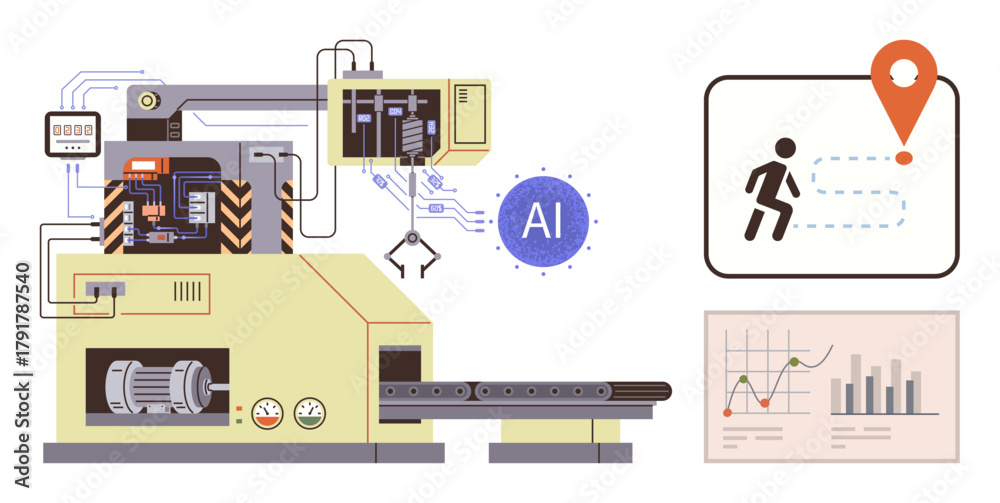 Fototapeta premium Industrial machine with robotic arms, AI integration, data chart, and workflow visualization panel. Ideal for manufacturing, AI, automation, workflow tracking analytics productivity. Simple flat