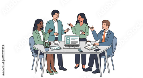 Diverse team collaborates at modern office meeting table with laptop and coffee discussing strategy and brainstorming ideas for business growth and new project development