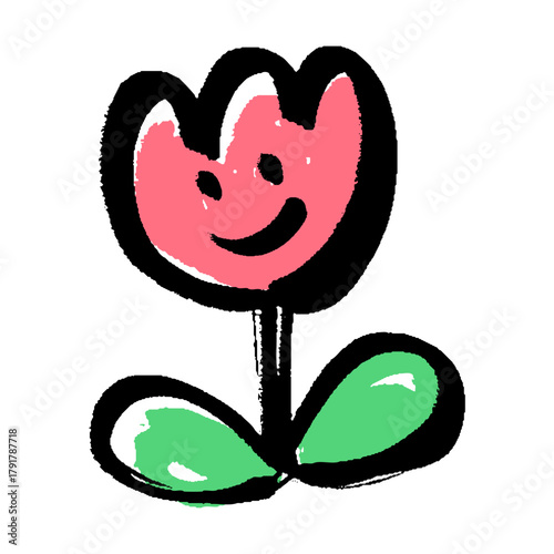 笑顔のチューリップキャラクターが描かれた手描きの花イラスト