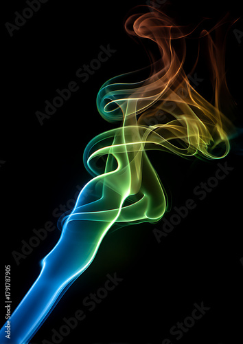 Abstract colorful smoke waves and fiery textures in red, blue, green, and orange shades floating on dark and white backgrounds with copy space for modern artwork