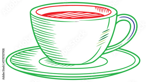 Tea cup and saucer line art drawing in green and red sketch style
