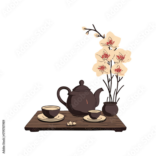 Ink wash painting with orchid flowers, teapot and cups. Traditional tea ceremony scene. Oriental ink painting sumi-e, u-sin, go-hua. Translation of hieroglyph - tea.