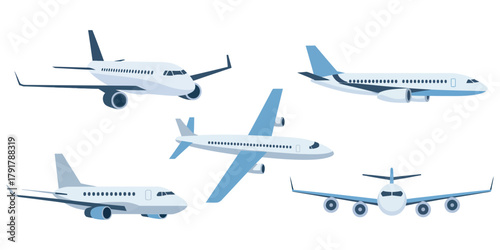 Passenger plane flying in the sky, side view, travel concept, aviation and transportation vector illustration, air travel and journey theme.
