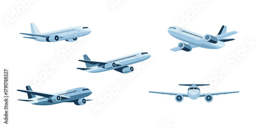 Passenger plane flying in the sky, side view, travel concept, aviation and transportation vector illustration, air travel and journey theme.