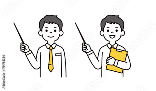 指示棒を持って説明する、ワイシャツを着た若い男性の上半身ベクターイラスト素材セット