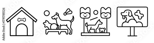 Dog care line art icons set, pet shop, grooming, kennel vector