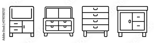 Line icons of various furniture storage cabinets and dressers set