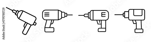 Power drill tool set line icons for renovation and construction