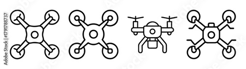 Drone outline icons set, featuring various unmanned aerial vehicles