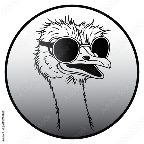 Illustration of cool emu wearing sunglasses in a circle frame