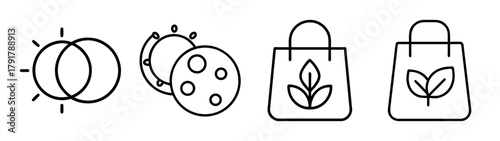 Day and night cycle, eco shopping bag outline vector icons set