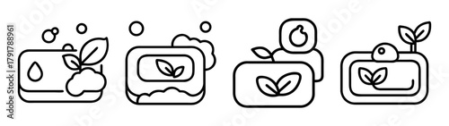 Natural organic soap bars with leaves and bubbles line art icon set