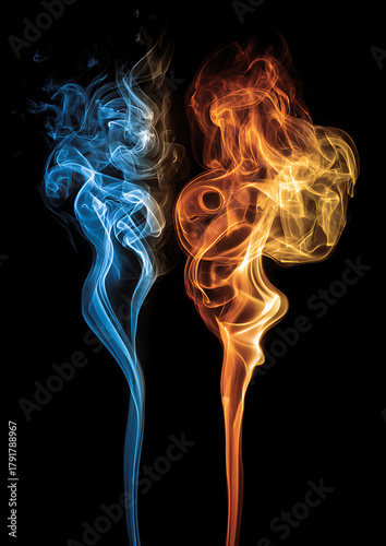Colorful smoke and fire flames isolated on black and white backgrounds with red, blue, green, and orange tones, abstract wisps of color in air with space for text design