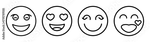 Outline vector emoji set illustrating happy, loving, joyful moods.