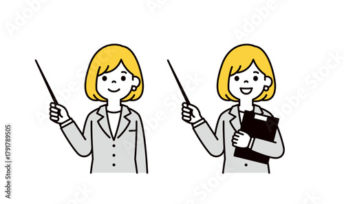 ポインターを持って説明する、スーツを着た若い女性の上半身ベクターイラスト素材セット