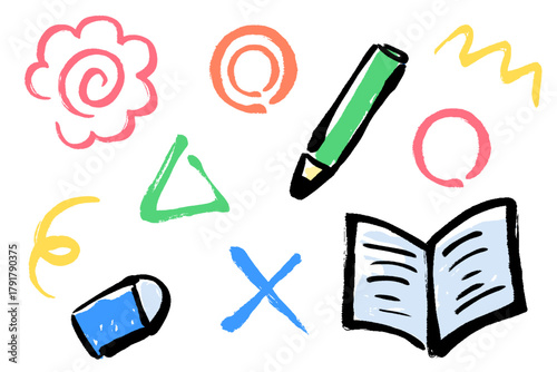 学習や勉強の場面で使える手描きの文房具イラストセット