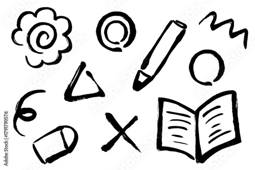 ノートやペンなど学習用具を集めたかわいい手描きイラストセット