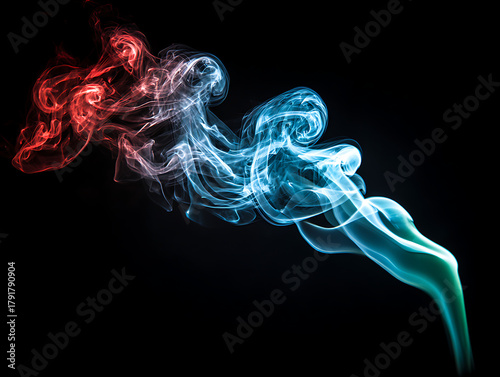 Colorful smoke and fire flames isolated on black and white backgrounds with red, blue, green, and orange tones, abstract wisps of color in air with space for text design