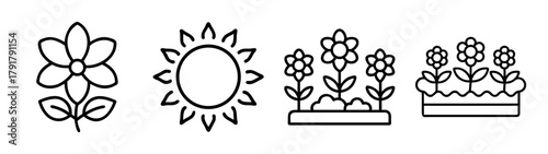 Nature garden icons set: flower, sun, plants, and growth concepts