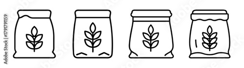 Grain and flour sacks line icons. cereal bags with wheat symbols.