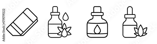 Eraser, cbd oil dropper bottle, and essential oil icons set