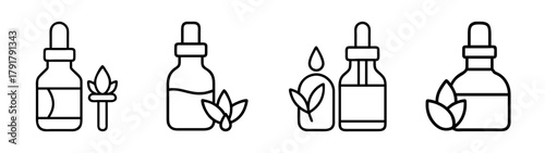 Essential oil dropper bottle and plant leaf icon set line art