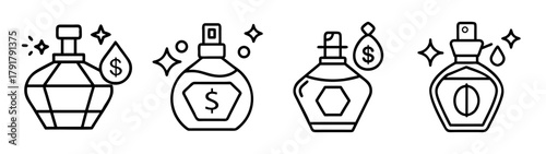 Luxury perfume bottle icon set with dollar signs and elegance