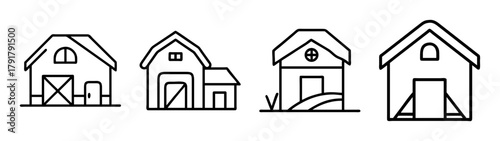 Farm barn house line art icons collection. rural property design.