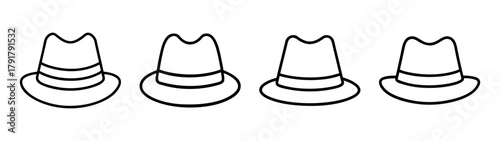 Four minimalist line art fedora hats vector icon illustration