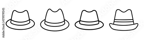 Simple line art fedora hat icon set, vector graphic illustration.