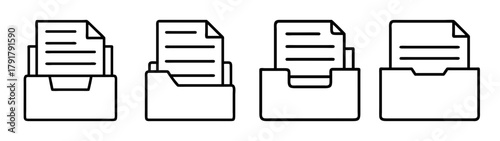 Line art document file icons in inbox set for office management